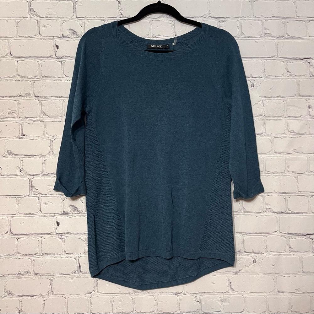 Nic + Zoe Teal Blue 3/4 Sleeve Round Neck Top Size Small Casual Lightweight